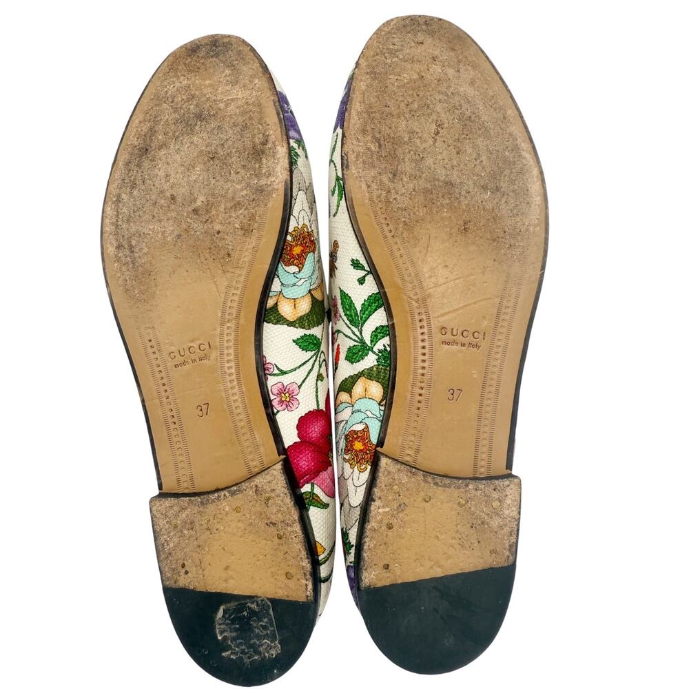 Gucci Jordaan Horsebit Loafer Cream White Floral Canvas Size 37 US 7 Flat Shoe - Picture 13 of 15